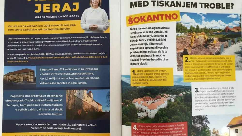 Župan občine Velike La&scaron;če dr. Tadej Malovrh odgovarja na zavajajoč predvolilni oglas Alenke Jeraj v občinskem glasilu.