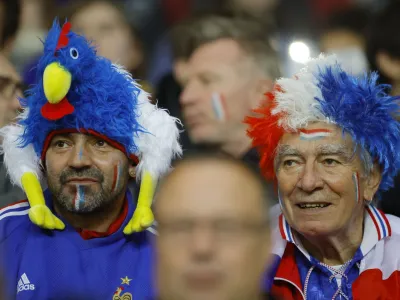 Soccer Football - FIFA Women's World Cup - UEFA Qualifiers - Group I - France v Slovenia - MMArena, Le Mans, France - April 12, 2022 France fans wearing face paint inside the stadium before the match REUTERS/Stephane Mahe