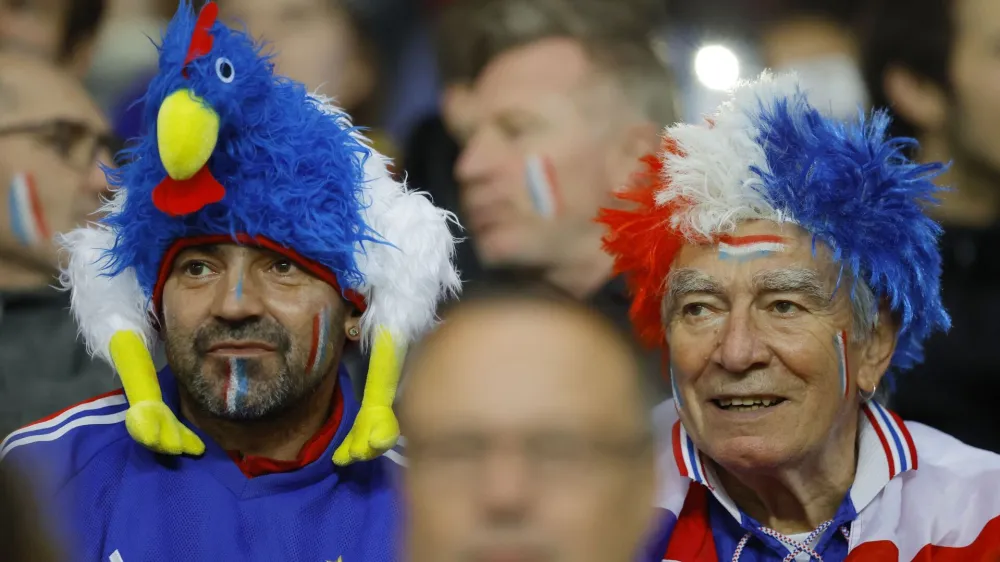Soccer Football - FIFA Women's World Cup - UEFA Qualifiers - Group I - France v Slovenia - MMArena, Le Mans, France - April 12, 2022 France fans wearing face paint inside the stadium before the match REUTERS/Stephane Mahe