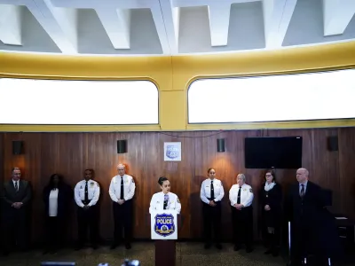 Philadelphia Police Commissioner Danielle Outlaw speaks with members of the media during a news conference in Philadelphia, Tuesday, March 8, 2022. Outlaw announced she plans to suspend and fire the plainclothes officer who fired the fatal shot that killed a fleeing 12-year-old Thomas Siderio Jr. last week. (AP Photo/Matt Rourke)