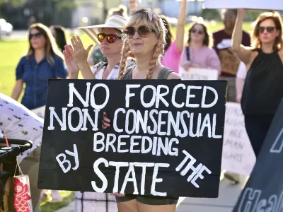 Emily Milford holds her protest sign during a rally in front of the Duval County Courthouse Wednesday, May 4, 2022 in Jacksonville, Fla. Protesters voiced their opinions after a draft opinion suggests the U.S. Supreme Court could be poised to overturn the landmark 1973 Roe v. Wade case that legalized abortion nationwide, according to a Politico report released Monday. (Bob Self/The Florida Times-Union via AP)