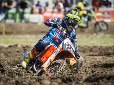 Rider Antonio "Tony" Cairoli of Italy competes during the first race in the MXGP class of the Motocross MXGP Grand Prix on Sunday, Aug. 7, 2016, in Frauenfeld, Switzerland.  (Benjamin Manser/Keystone via AP)