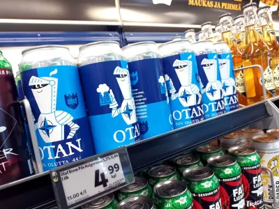 NATO-branded OTAN beer cans by Olaf Brewing Company are pictured at a supermarket, in Vantaa, Finland, May 19, 2022. Timo Jaakonaho/Lehtikuva/via REUTERS   ATTENTION EDITORS - THIS IMAGE WAS PROVIDED BY A THIRD PARTY. NO THIRD PARTY SALES. NOT FOR USE BY REUTERS THIRD PARTY DISTRIBUTORS. FINLAND OUT. NO COMMERCIAL OR EDITORIAL SALES IN FINLAND.