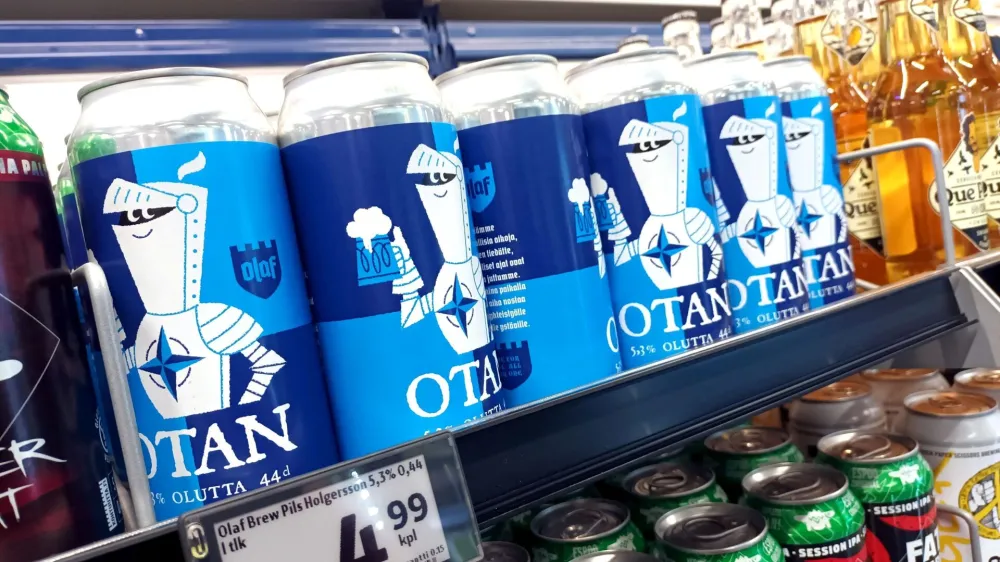 NATO-branded OTAN beer cans by Olaf Brewing Company are pictured at a supermarket, in Vantaa, Finland, May 19, 2022. Timo Jaakonaho/Lehtikuva/via REUTERS   ATTENTION EDITORS - THIS IMAGE WAS PROVIDED BY A THIRD PARTY. NO THIRD PARTY SALES. NOT FOR USE BY REUTERS THIRD PARTY DISTRIBUTORS. FINLAND OUT. NO COMMERCIAL OR EDITORIAL SALES IN FINLAND.