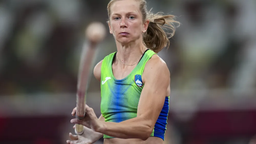 Tina Sutej, of Slovenia, competes in qualifications for the women's pole vault at the 2020 Summer Olympics, Monday, Aug. 2, 2021, in Tokyo. (AP Photo/Matthias Schrader)