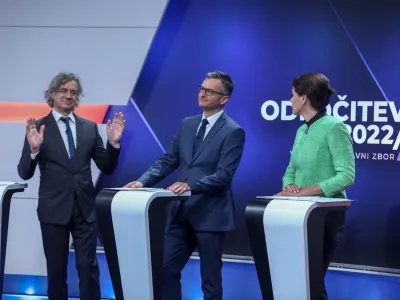 predsednik Gibanje Svoboda dr. Robert Golob, predsednik LM&Scaron; Marjan &Scaron;arec, predsednica SAB Alenka Bratu&scaron;ek<br><br>- 28.03.2022 &ndash; Parlamentarne volitve 2022 &ndash; televizijsko soočenje predsednikov parlamentarnih strank na POP TV<br><br> <br><br>//FOTO: Luka Cjuha