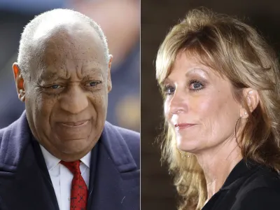 Bill Cosby arrives for his sexual assault trial in Norristown, Pa. on April 20, 2018, left, and Judy Huth appears at a news conference outside the Los Angeles Police Department's Wilshire Division station in Los Angeles on Dec. 5, 2014. Jurors at a civil trial found Tuesday, June 21, 2022, that Cosby sexually abused Huth when she was 16, at the Playboy Mansion in 1975. (AP Photo/File)