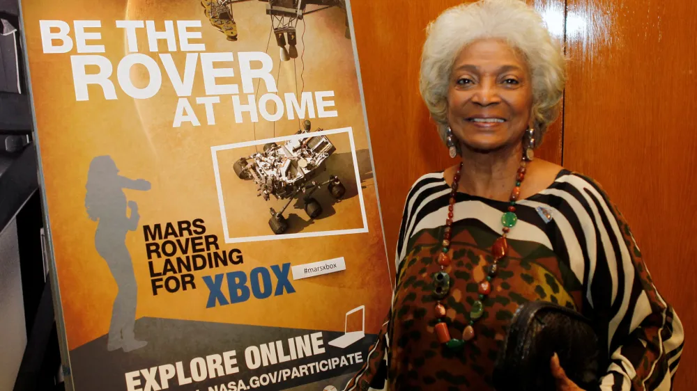 FILE PHOTO: Actor Nichelle Nichols, who played the character Uhura in the original "Star Trek" TV series, poses at NASA's Jet Propulsion Lab in Pasadena, Calfiornia August 5, 2012. REUTERS/Fred Prouser/File Photo