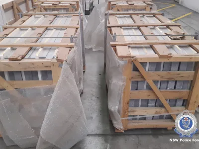 In this photo released on Aug. 26, 2022, by the New South Wales Police Force marble tiles are stored in a facility in Sydney, Australia. Authorities have found 1.8 metric tons (2 U.S. tons) of methamphetamine hidden in marble tiles shipped from the Middle East to Sydney in what police describe as the largest-ever seizure of the illicit drug in Australia. (New South Wales Police via AP)