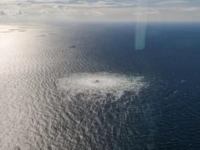FILE PHOTO: Gas leak at Nord Stream 2 as seen from the Danish F-16 interceptor on Bornholm, Denmark September 27, 2022. Danish Defence Command/Forsvaret Ritzau Scanpix/via REUTERS  ATTENTION EDITORS - THIS IMAGE WAS PROVIDED BY A THIRD PARTY. DENMARK OUT. NO COMMERCIAL OR EDITORIAL SALES IN DENMARK./File Photo