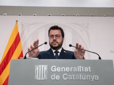 11 October 2022, Spain, Barcelona: Catalan Regional President Pere Aragones, holds a press conference after the first Consell Executiu following the reshuffle of the Government at the Palau de la Generalitat. Photo: David Zorrakino/EUROPA PRESS/dpa