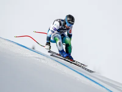 Slovenia's Martin Cater speeds down the course during an alpine ski, men's World Cup downhill training, in Kvitfjell, Norway, Thursday, March 3, 2022. (AP Photo/Gabriele Facciotti)