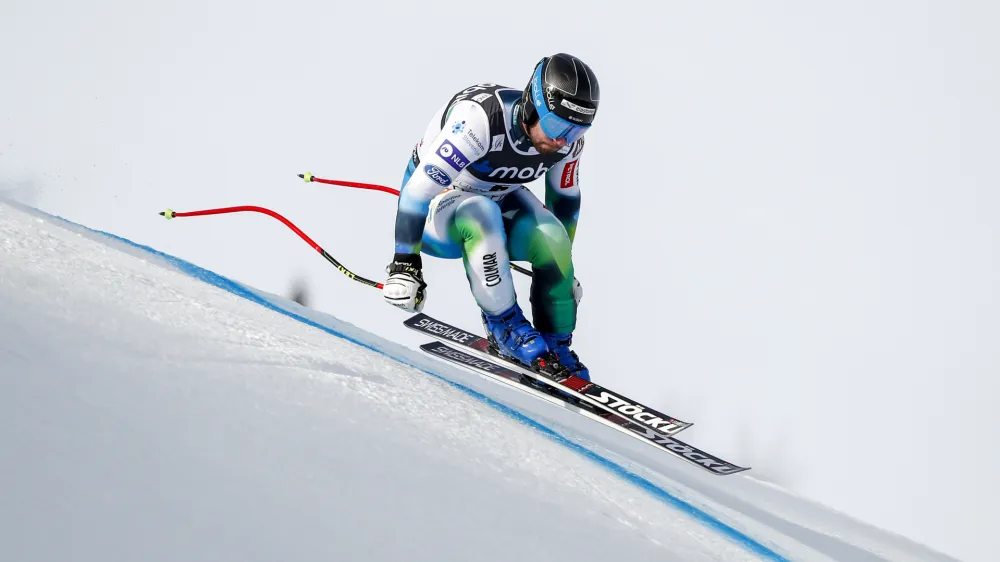 Slovenia's Martin Cater speeds down the course during an alpine ski, men's World Cup downhill training, in Kvitfjell, Norway, Thursday, March 3, 2022. (AP Photo/Gabriele Facciotti)