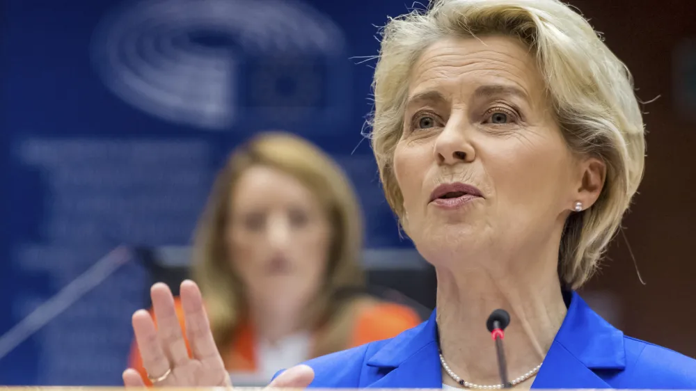 European Commission President Ursula von der Leyen speaks during a plenary session at the European Parliament in Brussels, Wednesday, Nov. 9, 2022. (AP Photo/Geert Vanden Wijngaert)