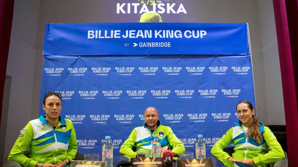 Andreja Klepac of Slovenia, Andrej Krasevec, captain of team Slovenia and Kaja Juvan of Slovenia during press conference prior to Billie Jean King Cup by Gainbridge, 2022 Play-offs between Slovenia and China, on November 9, 2022 in Vila Bianca, Velenje, Slovenia. Photo by Matic Klansek Velej / Sportida