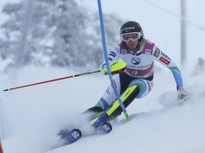 Slovenia's Ana Bucik speeds down the course during an alpine ski, women's World Cup slalom, in Levi, Finland, Saturday, Nov. 19, 2022. (AP Photo/Alessandro Trovati)