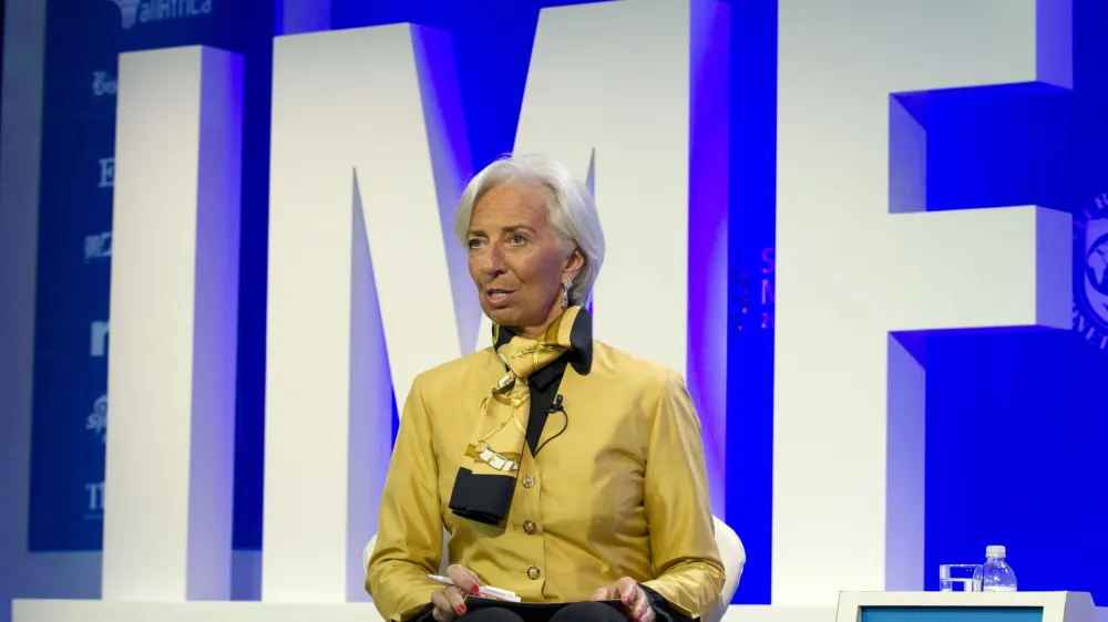 International Monetary Fund (IMF) Managing Director Christine Lagarde speaks at the panel Reforming the Euro Area: Views from inside and outside of Europe, during the World Bank/IMF Spring Meetings, in Washington, Thursday, April 19, 2018. (AP Photo/Jose Luis Magana)