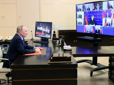 Russian President Vladimir Putin chairs a meeting with members of the Security Council via a video link from the Novo-Ogaryovo state residence outside Moscow, Russia December 2, 2022. Sputnik/Aleksey Babushkin/Kremlin via REUTERS ATTENTION EDITORS - THIS IMAGE WAS PROVIDED BY A THIRD PARTY.