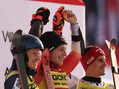 Žana Kranjca (desno) sta na drugem veleslalomu v tej sezoni v Alti Badii prehitela le Norvežan Henrik Kristoffersen in &Scaron;vicar Marco Odermatt.&nbsp;