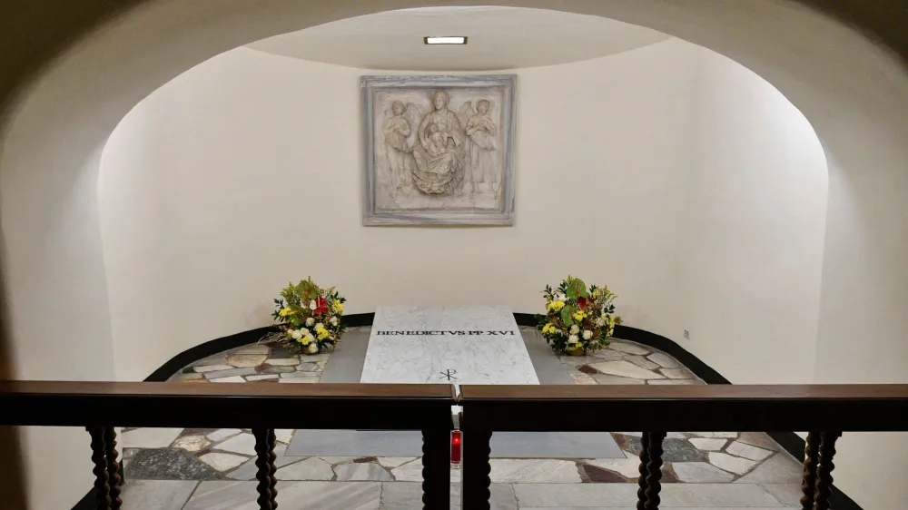 The tombstone of former Pope Benedict XVI is seen in The Holy Grotto of the Vatican, January 8, 2023. Vatican Media/&shy;Handout via REUTERS  ATTENTION EDITORS - THIS IMAGE WAS PROVIDED BY A THIRD PARTY.