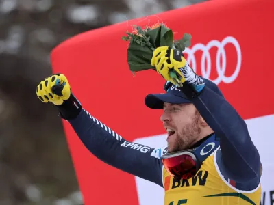 Alpine Skiing - FIS Alpine Ski World Cup - Men's Super G - Wengen, Switzerland - January 13, 2023 Norway's Aleksander Aamodt Kilde celebrates after winning on the podium REUTERS/Denis Balibouse
