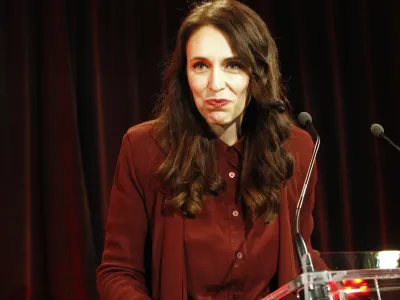 FILE - New Zealand's Labour Party leader Jacinda Ardern talks to hundreds of supporters after election results are announced on Saturday, Sept. 23, 2017, in Auckland, New Zealand. Ardern became an inspiration to women around the world after winning the top job in 2017 at the relatively young age of 37. (AP Photo/Nick Perry, File)