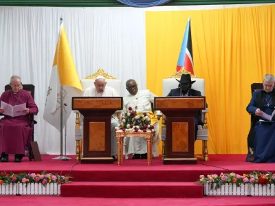 Pope Francis addresses a gathering at the Presidential Palace during Pope's apostolic journey, in Juba, South Sudan, February 3, 2023. Vatican Media/&shy;Handout via REUTERS  ATTENTION EDITORS - THIS IMAGE WAS PROVIDED BY A THIRD PARTY.