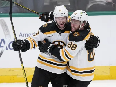 Boston Bruins' Pavel Zacha (18) and David Pastrnak (88) celebrate after Zacha scored in the third period of an NHL hockey game against the Dallas Stars, Tuesday, Feb. 14, 2023, in Dallas. (AP Photo/Tony Gutierrez)