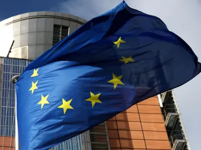 FILE PHOTO: A European Union flag flutters outside the EU Commission headquarters, in Brussels, Belgium, February 1, 2023 REUTERS/Yves Herman/File Photo
