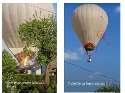 Po trku v žice se je pretrgalo nekaj jeklenic, ki povezujejo ko&scaron;aro in kupolo balona, v njej je zazevala velika luknja, spodnji del kupole pa se je vžgal.
Foto:&nbsp;Služba za preiskovanje letalskih nesreč