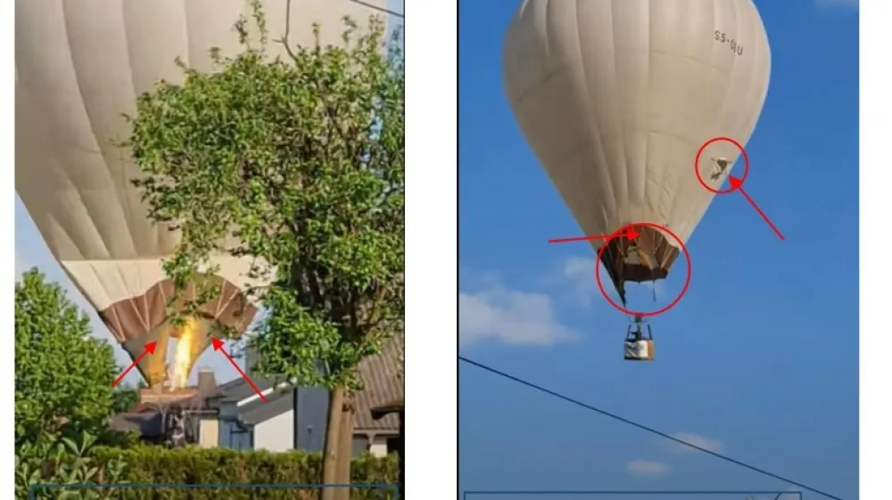 Po trku v žice se je pretrgalo nekaj jeklenic, ki povezujejo ko&scaron;aro in kupolo balona, v njej je zazevala velika luknja, spodnji del kupole pa se je vžgal.
Foto:&nbsp;Služba za preiskovanje letalskih nesreč