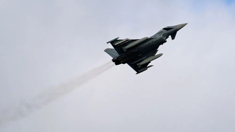 A Eurofighter jet flies during exercises of the German naval forces in Eckernfoerde, Germany, February 21, 2023. REUTERS/Fabian Bimmer
