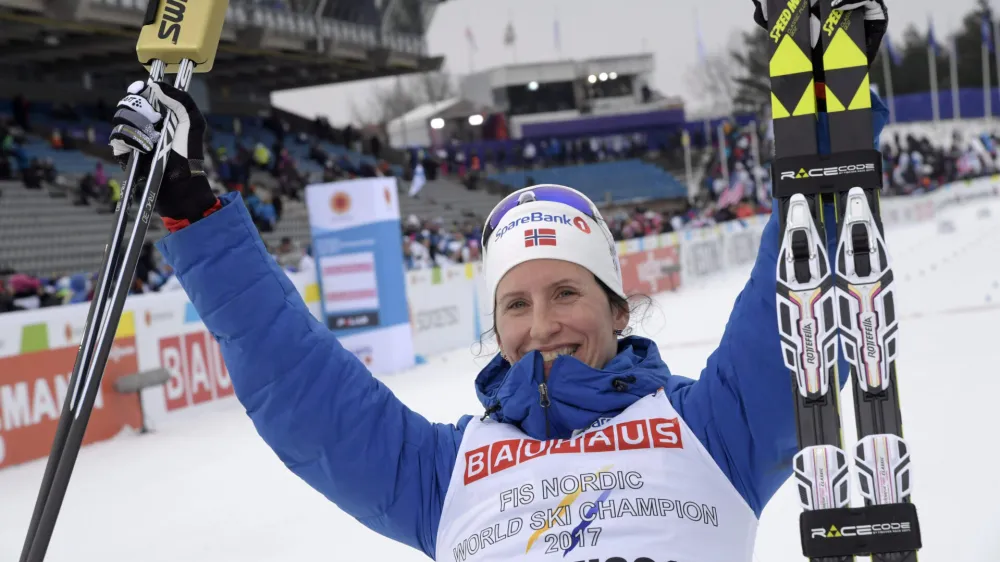 Winner Marit Bjoergen of Norway reacts after ladies individual 10 km classic of the FIS Nordic Ski World Championships in Lahti, Finland, February 28, 2017. Lehtikuva/Markku Ulander/via REUTERS ATTENTION EDITORS - THIS IMAGE WAS PROVIDED BY A THIRD PARTY. FOR EDITORIAL USE ONLY. NO THIRD PARTY SALES. NOT FOR USE BY REUTERS THIRD PARTY DISTRIBUTORS. FINLAND OUT. NO COMMERCIAL OR EDITORIAL SALES IN FINLAND.