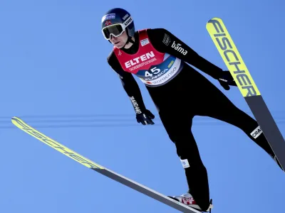 Jarl Magnus Riiber of Norway soars through the air during the Nordic Combined Men's HS138 event at the Nordic World Championships in Planica, Slovenia, Saturday, March 4, 2023. (AP Photo/Darko Bandic)