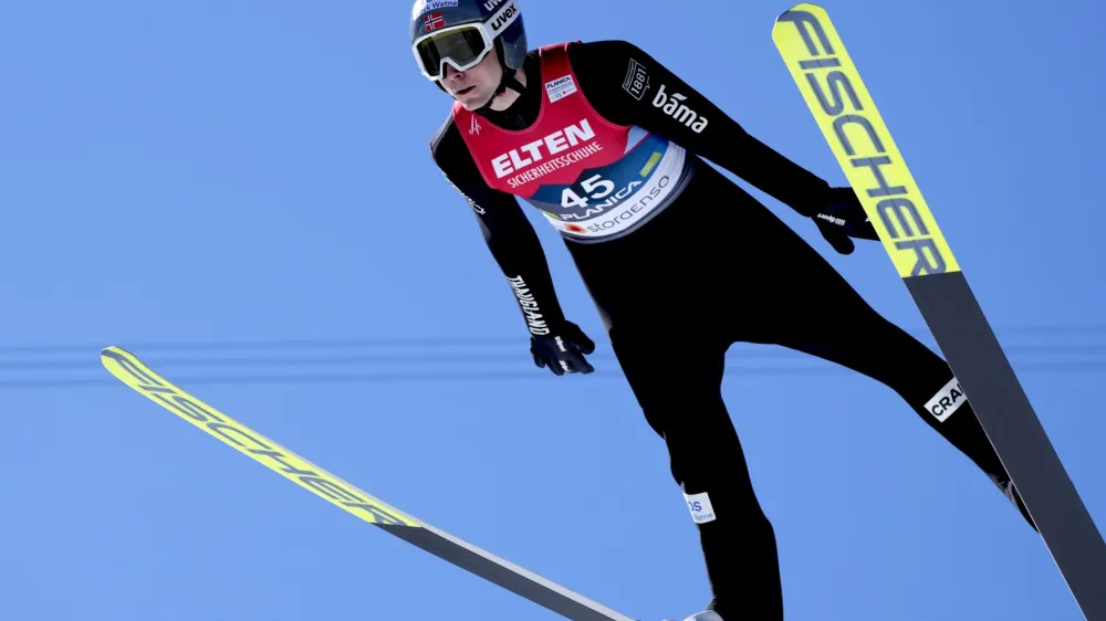 Jarl Magnus Riiber of Norway soars through the air during the Nordic Combined Men's HS138 event at the Nordic World Championships in Planica, Slovenia, Saturday, March 4, 2023. (AP Photo/Darko Bandic)