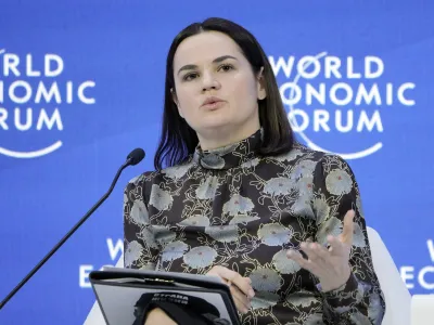 FILE - Sviatlana Tsikhanouskaya, leader of the Democratic Forces of Belarus, speaks at the World Economic Forum in Davos, Switzerland on Jan. 19, 2023. A court in Belarus on Monday March 6, 2023 sentenced exiled opposition leader Tsikhanouskaya to 15 years in prison after a trial in absentia on charges including conspiring to overthrow the government. (AP Photo/Markus Schreiber, File)