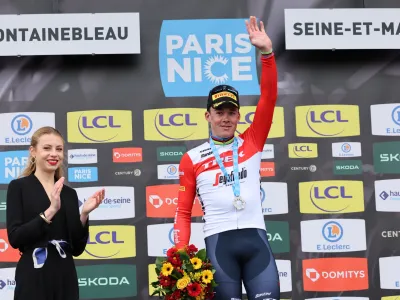 06 March 2023, France, Fontainebleau: Danish cyclist Mads Pedersen of Trek-Segafredo celebrates on the podium after winning the second stage of the 81st edition of the Paris-Nice cycling race, 163,7 km from Bazainville to Fontainebleau. Photo: David Pintens/Belga/dpa