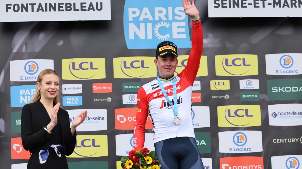06 March 2023, France, Fontainebleau: Danish cyclist Mads Pedersen of Trek-Segafredo celebrates on the podium after winning the second stage of the 81st edition of the Paris-Nice cycling race, 163,7 km from Bazainville to Fontainebleau. Photo: David Pintens/Belga/dpa