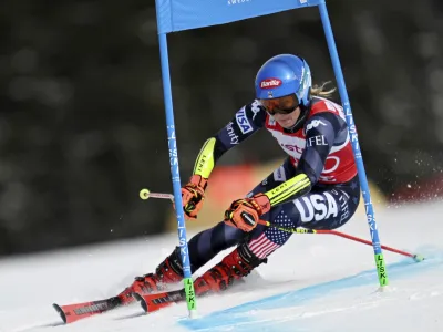 United States' Mikaela Shiffrin speeds down the course during an alpine ski, women's World Cup giant slalom race, in Are, Sweden, Friday, March 10, 2023. (Pontus Lundahl/TT News Agency via AP)