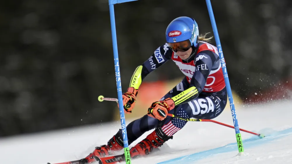 United States' Mikaela Shiffrin speeds down the course during an alpine ski, women's World Cup giant slalom race, in Are, Sweden, Friday, March 10, 2023. (Pontus Lundahl/TT News Agency via AP)