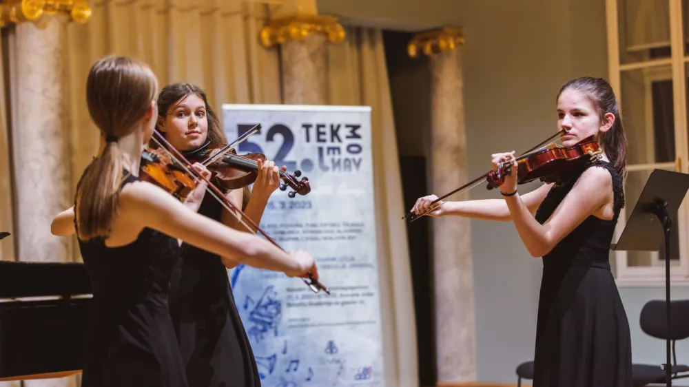 Nastop prvonagrajene v disciplini komorne skupine z godali in s klavirjem Trio Divertimento v sestavu Ana Kro&scaron;l, Ema Kramer in Anamarija Prepadnik. F Nino Vernik