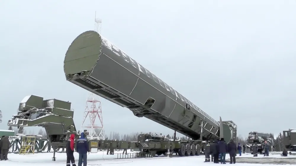 In this video grab provided by RU-RTR Russian television via AP television on Thursday, March 1, 2018, Russia's new Sarmat intercontinental missile is shown at an undisclosed location in Russia. President Vladimir Putin declared Thursday that Russia has developed a range of new nuclear weapons, claiming they can't be intercepted by enemy. (RU-RTR Russian Television via AP)