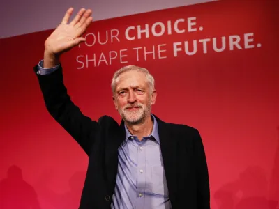 The new leader of Britain's opposition Labour Party Jeremy Corbyn waves after making his inaugural speech at the Queen Elizabeth Centre in central London, September 12, 2015. Avowed socialist and Karl Marx admirer Jeremy Corbyn was elected leader of Britain's opposition Labour party on Saturday, a result that may make a British EU exit more likely and which senior figures have said would leave their party unelectable. REUTERS/Stefan Wermuth