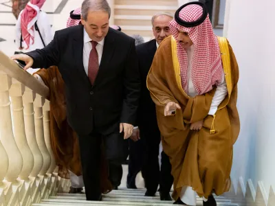 Saudi Foreign Minister Prince Faisal bin Farhan bin Abdullah meets with Syrian Minister of Foreign Affairs and Expatriates Faisal Mekdad in Jeddah, Saudi Arabia, April 12, 2023. Saudi Press Agency/Handout via REUTERS ATTENTION EDITORS - THIS PICTURE WAS PROVIDED BY A THIRD PARTY