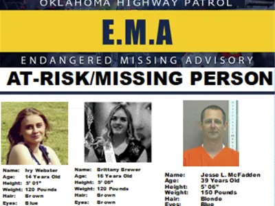 This missing poster provided by the Oklahoma Highway Patrol shows 14-year-old Ivy Webster, left, 16-year-old Brittany Brewer, center, and Jesse McFadden, who were reported missing Monday, May 1, 2023. Authorities discovered the bodies of seven people later in the day while searching a rural Oklahoma property for the two missing teenagers. Oklahoma State Bureau of Investigation spokesman Gerald Davidson said the state medical examiner will have to identify the victims, but authorities were no longer searching for the missing teens or a man they may have been with. The teens were reportedly seen traveling with McFadden, who was on the state's sex offender registry. (Oklahoma Highway Patrol via AP)