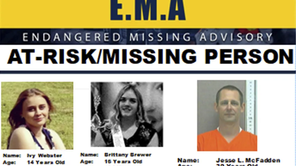 This missing poster provided by the Oklahoma Highway Patrol shows 14-year-old Ivy Webster, left, 16-year-old Brittany Brewer, center, and Jesse McFadden, who were reported missing Monday, May 1, 2023. Authorities discovered the bodies of seven people later in the day while searching a rural Oklahoma property for the two missing teenagers. Oklahoma State Bureau of Investigation spokesman Gerald Davidson said the state medical examiner will have to identify the victims, but authorities were no longer searching for the missing teens or a man they may have been with. The teens were reportedly seen traveling with McFadden, who was on the state's sex offender registry. (Oklahoma Highway Patrol via AP)