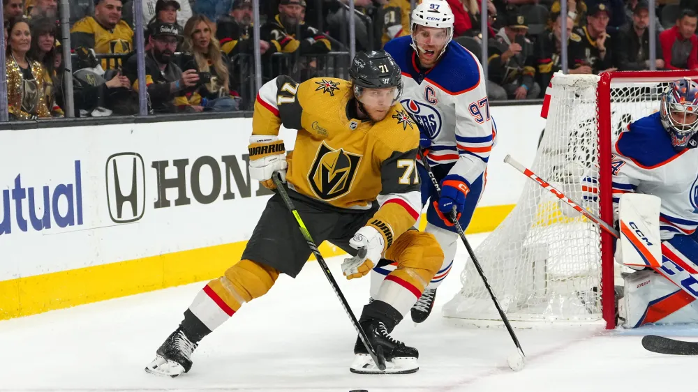 May 3, 2023; Las Vegas, Nevada, USA; Vegas Golden Knights center William Karlsson (71) skates ahead of Edmonton Oilers center Connor McDavid (97) during the second period of game one of the second round of the 2023 Stanley Cup Playoffs at T-Mobile Arena. Mandatory Credit: Stephen R. Sylvanie-USA TODAY Sports