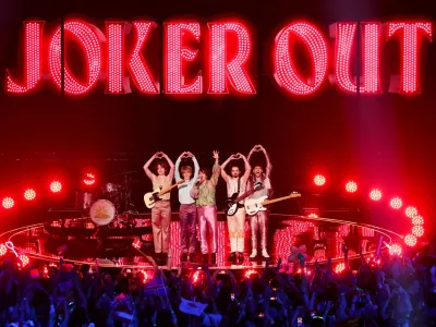 Joker Out from Slovenia gesture during the second semi-final of the 2023 Eurovision Song Contest in Liverpool, Britain, May 11, 2023. REUTERS/Phil Noble