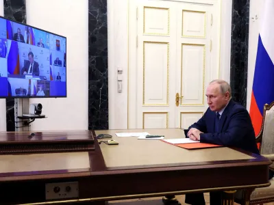 FILE PHOTO: Russian President Vladimir Putin chairs a meeting with members of the Security Council via a video link in Moscow, Russia May 26, 2023. Sputnik/Mikhail Klimentyev/Kremlin via REUTERS ATTENTION EDITORS - THIS IMAGE WAS PROVIDED BY A THIRD PARTY./File Photo
