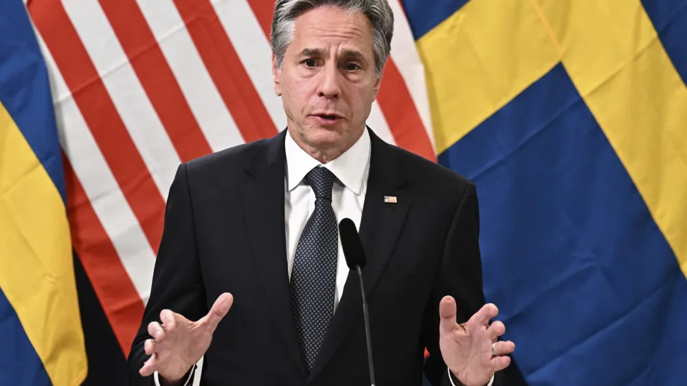 U.S. Secretary of State Antony Blinken speaks during a press meeting in Lulea, Sweden, Tuesday May 30, 2023. Blinken said Tuesday the "time is now" for Turkey to drop its objections to Sweden joining NATO but says the Biden administration also believes that Turkey should be provided with upgraded F-16 fighters "as soon as possible." (Jonas Ekstr&ouml;mer/TT News Agency via AP)